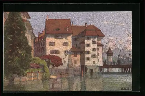 Künstler-AK Ernst E. Schlatter: Luzern, Partie an der Reuss