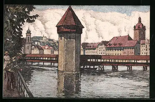 Künstler-AK Ernst E. Schlatter: Luzern, Partie am Wasserturm