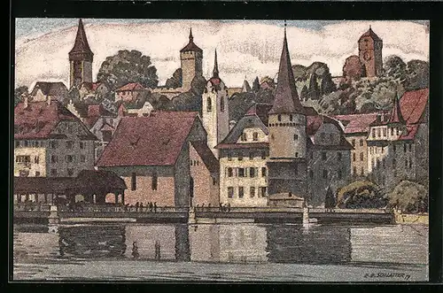 Künstler-AK Ernst E. Schlatter: Luzern, Partie an der Reuss