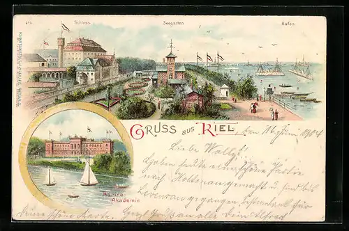 Lithographie Kiel, Schloss, Seegarten, Hafen