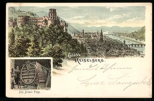 Lithographie Heidelberg, Ortsansicht und das grosse Fass