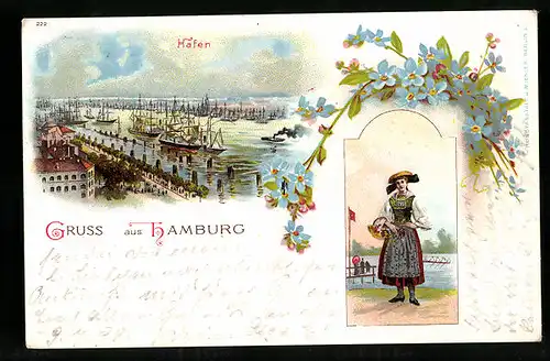 Lithographie Hamburg-Harburg, Hafen-Partie u. Frau in Tracht