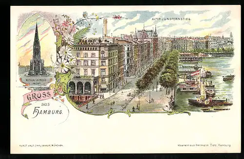 Lithographie Hamburg-Neustadt, Alter Jungfernstieg mit Dampferanlegestelle, Nicolai-Kirche