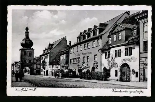 AK Saalfeld a. S., Partie in der Blankenburgerstrasse mit Gasthof Gambrinus