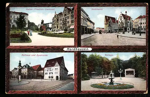 AK Nordhausen, auf dem Kornmarkt, am Kaiser Friedrich Denkmal, Rathaus und Sparkasse, Gehege