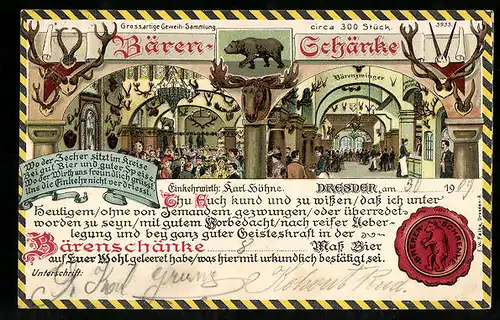 Lithographie Dresden, Saal im Gasthaus Bärenschänke von Karl Höhne