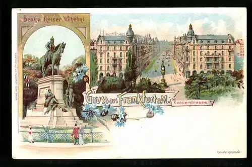 Lithographie Frankfurt a. M., Kaiserstrasse, Denkmal Kaiser Wilhelm