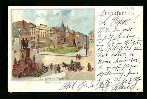 Lithographie Frankfurt /Main, Gutenberg Denkmal am Goetheplatz