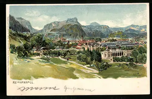 Künstler-AK Edward Theodore Compton: Reichenhall, Ortsansicht mit Blick auf Berge