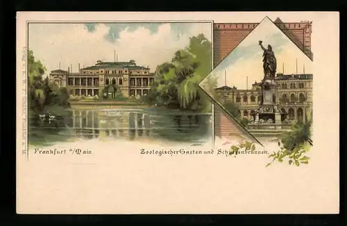 Lithographie Frankfurt-Ostend, Zoologischer Garten und Schützenbrunnen