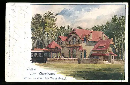 Lithographie Braunschweig, Gasthaus Sternhaus im Lechelnholz bei Wolfenbüttel