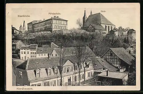 AK Nordhausen a.H., Ortsmotiv mit Blasiikirche, Mittelschule und Dom
