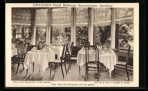 AK Dresden, Speisesaal mit Blick in den Garten vom Hotel Bellevue am Theaterplatz
