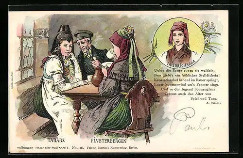 Lithographie Tabarz, Frauen in thüringischen Trachten aus dem Ort, Finsterbergen und Friedrichroda