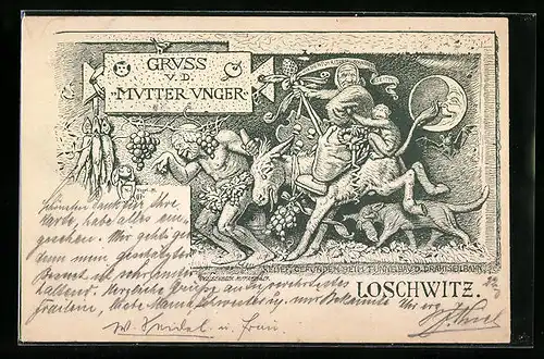 Lithographie Dresden-Loschwitz, Gruss vom Gasthof Mutter Unger mit Relief