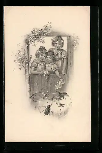 Künstler-AK Kränzle: drei süsse Kinder stehen mit Maikäfern an einem Holzzaun