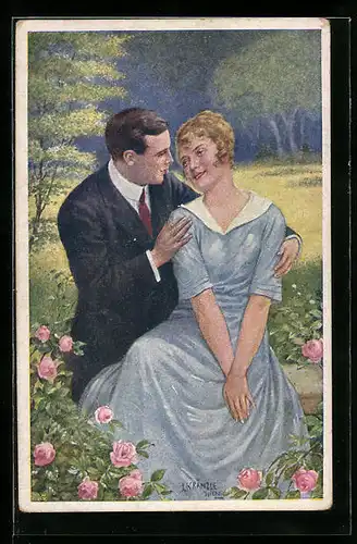 Künstler-AK Kränzle: Liebespaar auf einer Bank zwischen Rosen