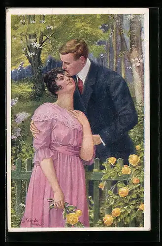 Künstler-AK Kränzle: Liebespaar innig an einem Holzzaun