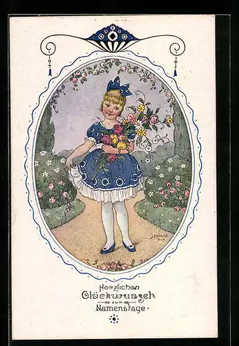 Künstler-AK Kränzle: Niedliches Mädchen mit Blumenstrauss zum Namenstag