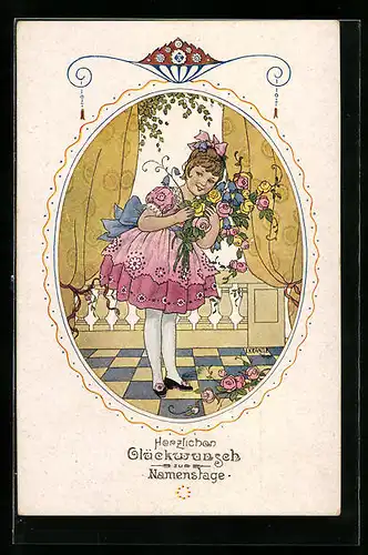 Künstler-AK Kränzle: Hübsches Mädchen mit Blumen zum Namenstage