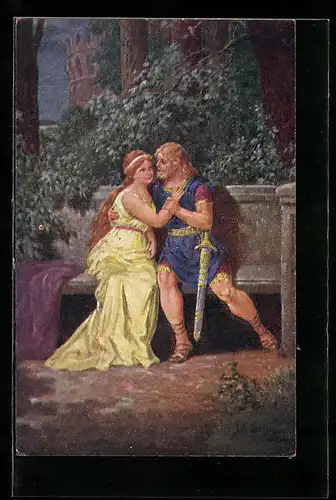Künstler-AK Kränzle: Tristan und Isolde auf einer Gartenbank sitzend