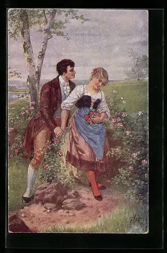 Künstler-AK Kränzle: Sah ein Knab ein Röslein steh'n, Liebespaar an einem Stein