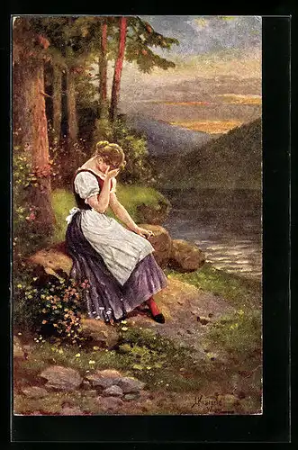 Künstler-AK Kränzle: Herzweh, Frau sitzt weinend an einem Flussufer