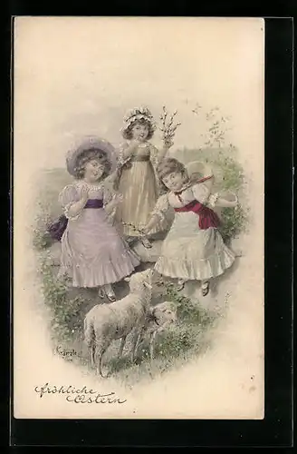Künstler-AK Kränzle: Mädchen mit Lämmern Frohe Ostern