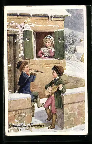 Künstler-AK Kränzle: zwei Buben musizieren für ein Mädchen