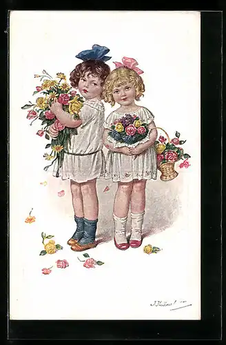 Künstler-AK Kränzle: Mädchen mit zahlreichen Blumen