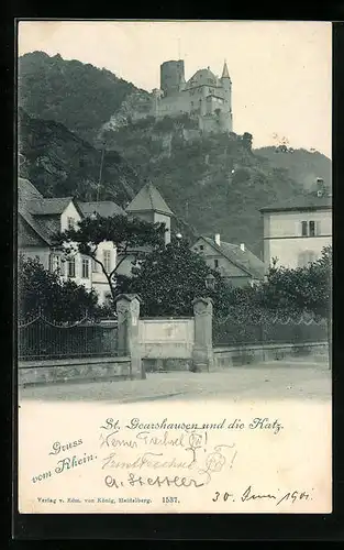 AK St. Goarshausen, Ortspartie mit Burg Katz