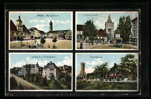 AK Jena, Marktplatz, Johannistor, Lesehalle u. Volkshaus