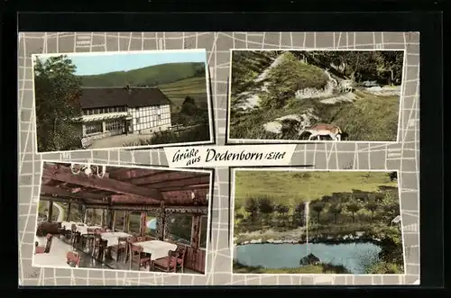 AK Dedenborn, Gasthaus Rurblick von August Goldhausen, Gartenpartie mit Fontäne