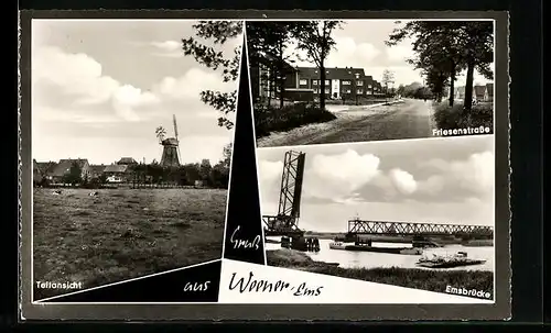 AK Weener /Ems, Teilansicht mit Mühle, Friesenstrasse und Emsbrücke