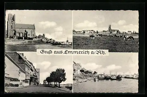 AK Emmerich a. Rh., Teilansicht m. Kirche, Hafen u. weidende Rinder