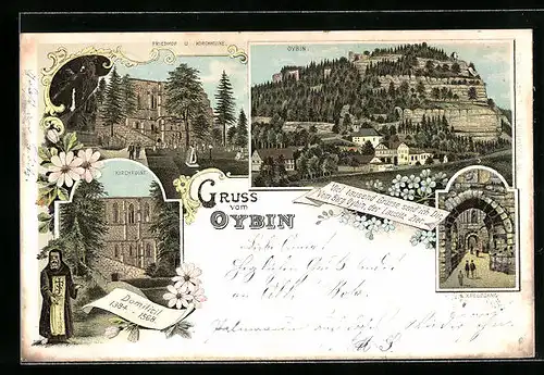 Lithographie Oybin, Friedhof u. Kirchruine, Kreuzgang, Domilicil 1384-1568