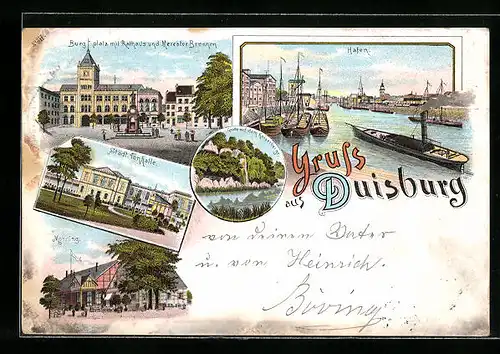 Lithographie Duisburg, Burgplatz mit Rathaus, Städt. Tonhalle, Hafen, Monning, Dampfer