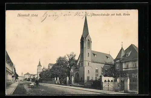 AK Neustadt /Orla, Bismarckstrasse mit kathol. Kirche