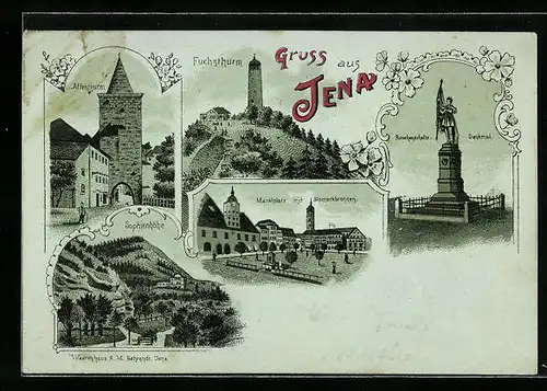 Mondschein-Lithographie Jena, Fuchsturm, Affenturm, Sophienhöhe, Burschenschafts-Denkmal