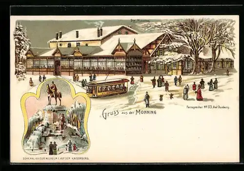 Winter-Lithographie Monning, Denkmal Kaiser Wilhelm I. auf dem Kaiserberg, Strassenbahn