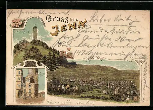 Lithographie Jena, Ortsansicht mit Fuchsturm, Burgkeller