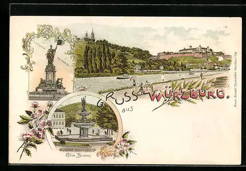 Lithographie Würzburg, Luitpold-Denkmal, Kilian-Brunnen, Sicht zum Schloss