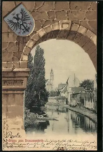 AK Donauwörth, Teilansicht durch Tor, Wappen
