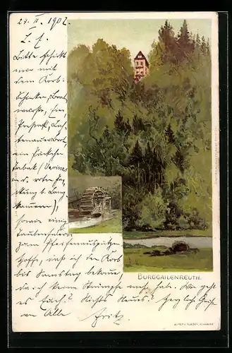 Lithographie Burggailenreuth, Burg und Wassermühlrad