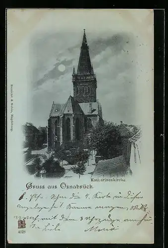 Mondschein-AK Osnabrück, Katharinenkirche im Vollmondlicht