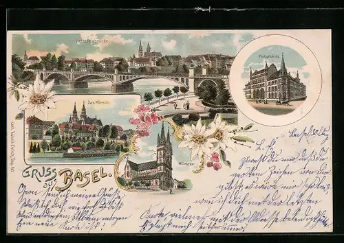 Lithographie Basel, Wettsteinbrücke, Postgebäude, das Münster