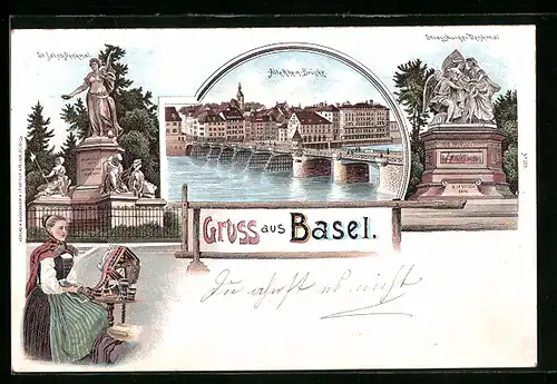 Lithographie Basel, St. Jacobs Denkmal, alte Rheinbrücke, Strassburger Denkmal