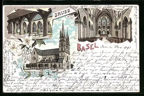 Lithographie Basel, Münster, Aussen- und Innenansicht, Kreuzgänge