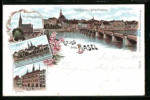 Lithographie Basel, Schiffstände und Hotel 3 Könige, Rathaus, Elisabethen Kirche