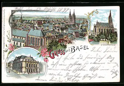Lithographie Basel, Panoramaansicht, St. Elisabethenkirche, Theater